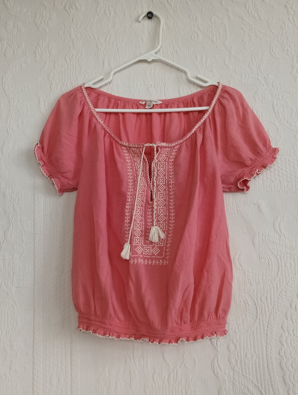 American Eagle Outfitters Coral Pink Embroidered Peasant Blouse Breezy Boho Y2k - Picture 12 of 12